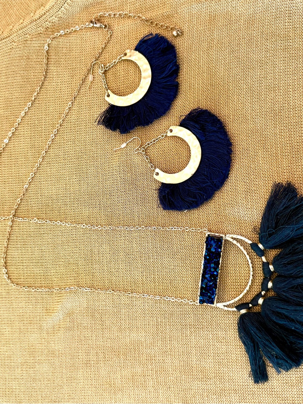 Gold-Tone Navy Tassel Necklace and Earring Set
